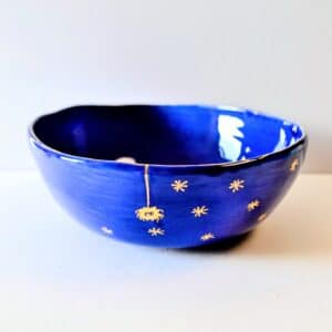 Cobalt blue ceramic bowl with gold stars and spider motif.